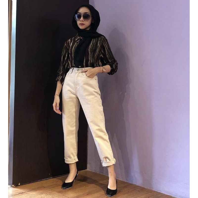 BOYFRIEND BROKEN WHITE/ celana putih jeans kekinian