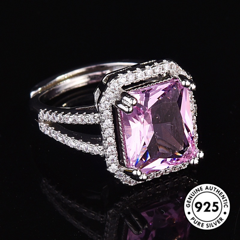 Cincin Berlian Persegi Panjang Warna Pink Bahan S925 Silver