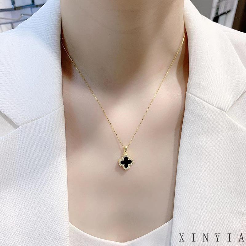 18K Kalung Titanium Anti Karat Rantai Kalung Rantai Liontin Daun Clover Hias Zircon Aksesoris Wanita