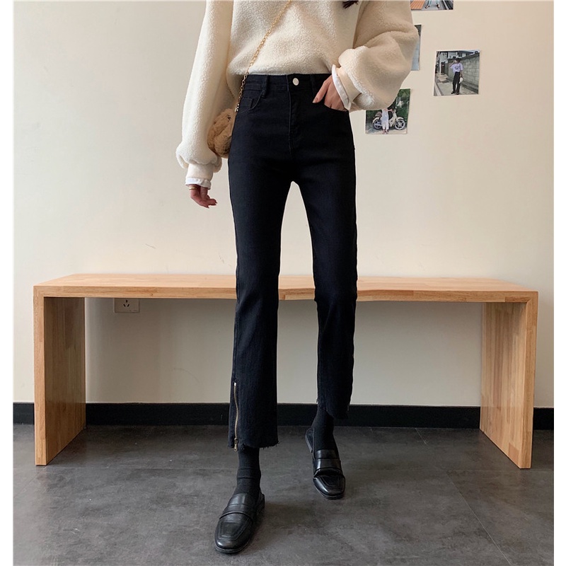 Fashion Korea style jeans hitam wanita high wasit celana panjang