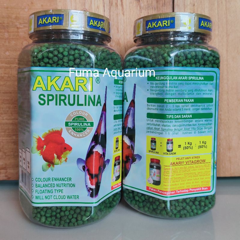 AKARI SPIRULINA 300gr butir 1mm,2mm Pakan Ikan Koi, Goldfish, koki Makanan Ikan apung