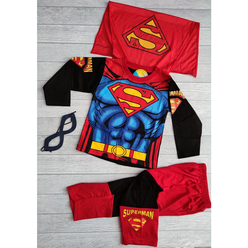 Kostum Anak Laki Laki Superman Setelan Panjang Superhero Baju Karakter Sayap