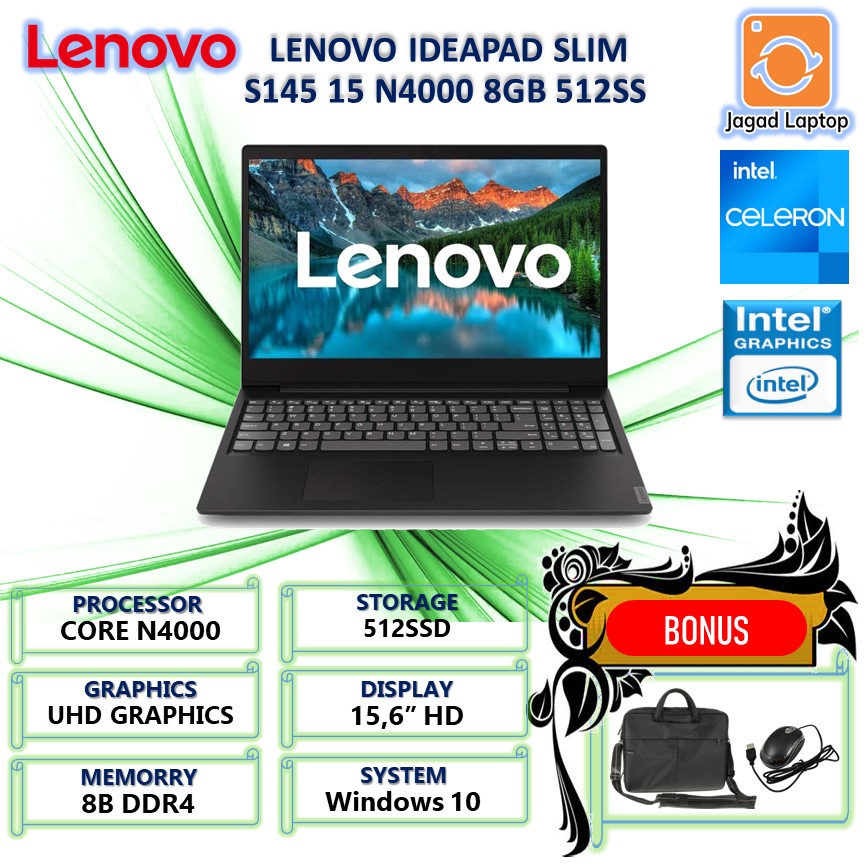 laptop LENOVO IDEAPAD SLIM S145 15 N4000 8GB 512SSD WIN10 PRE  15.6