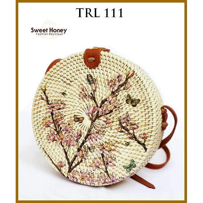 Sweet Honey ~ Grosir Tas Rotan Bulat 20cm Lukis Deco Motif Bunga Sakura TRL111 Bisa COD