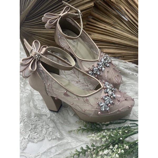 sepatu wanita wedding rosegold mingka tali 9cm tahu