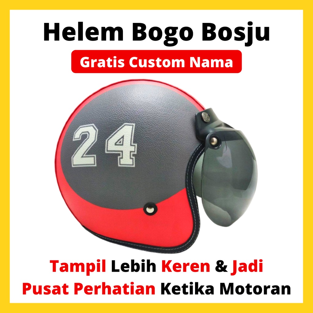 HELM BOGO RETRO KULIT WANITA DEWASA KACA DATAR CUSTOM ANGKA & NAMA WARNA MERAH ABU - HELEM BOGO BOSJ