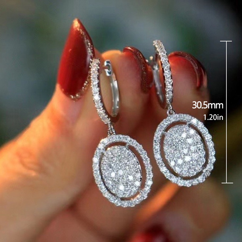 Anting Juntai Bentuk Oval Cubic Zirconia Kristal Bling Untuk Wanita