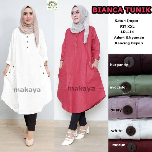 Atasan Muslim BIANKA Tunik PUTIH Katun Import LD 110 Size XL Baju Manasik Haji Tunik
