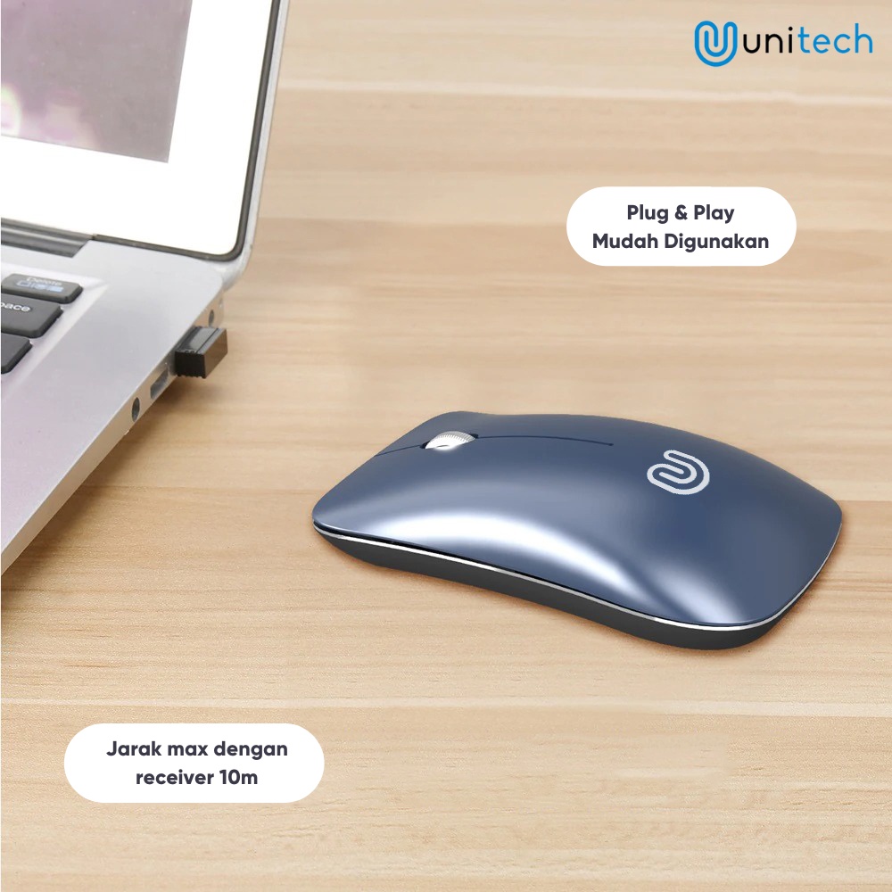 Mouse Wireless Slim Recharger Unitech P1 Silent Click Mode 2.4Ghz 1600 DPI &amp; Gratis Mousepad