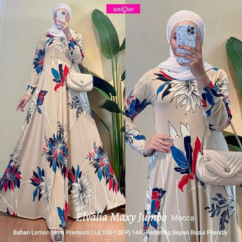 Elvalia Maxy Jumbo, GAMIS WANITA MUSLIM CANTIK FIT XXL LD 100-118 BAHAN LEMON SKIN PREMIUM ZIPPER BUSUI TERMURAH OOTD