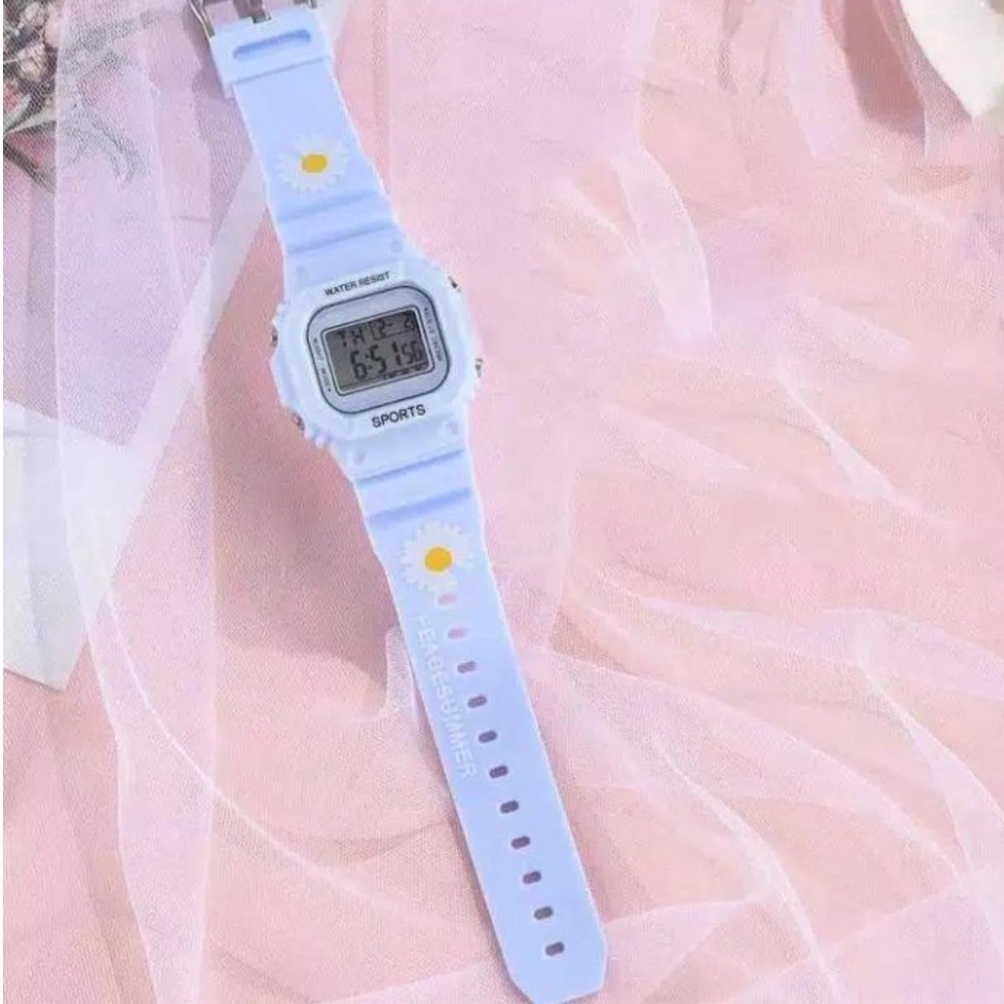 WBS JAM TANGAN DIGITAL RUBBER PRIA / WANITA SEGI DW-5600 GROSIR KARET RUBBER SPORT LED KOREA SPORT ELEKTRONIK MOTIF BUNGA DAN POLOS STYLE COUPLE ANAK ANAK / REMAJA WATCHBRANDS  MURAH JF052 / C8-BUNGA BIRU