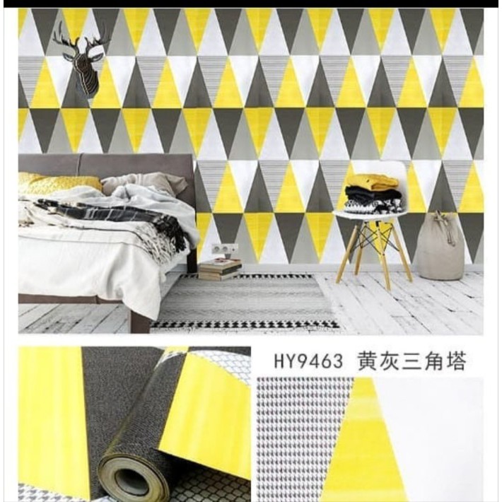 Wallpaper Dinding Motif Segitiga Abu2 Kuning Ukuran Pamjang 10Meter x Lebar 45Cm