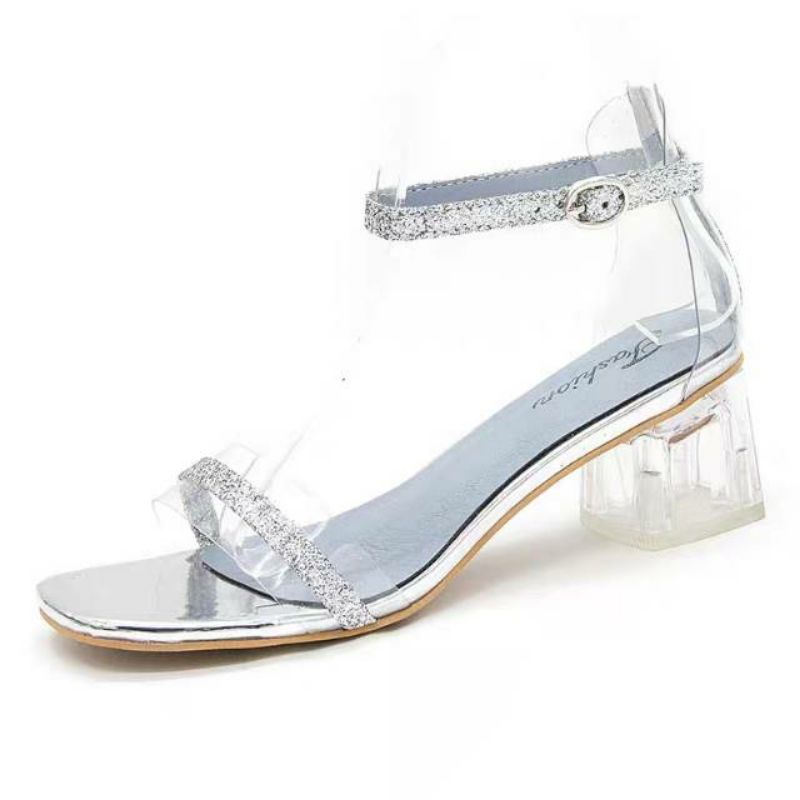 HEELS TALI KACA CK HEEL SILVER GLITTER PESTA UNDANGAN CHARLES TRANSPARANT MODEL IMPORT