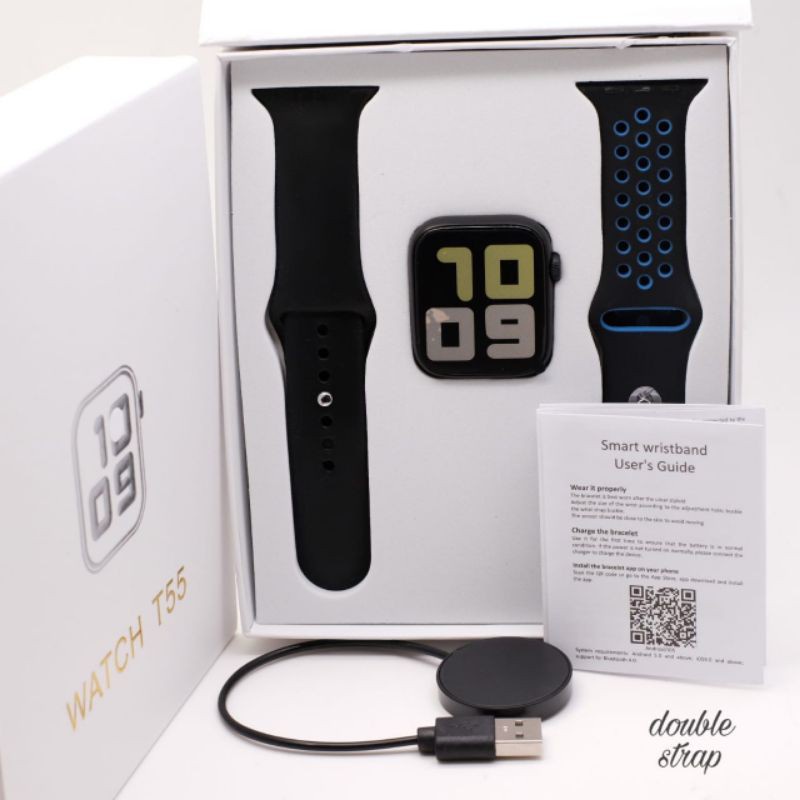 100%ORI COD JAM TANGAN Smartwatch T55 T500 DAPAT 2 TALI bisa telepon Bluetooth ganti wallpaper foto sendiri Notifikasi Sosmed Pemutar Musik Monitor Detak Jantung Tekanan Darah Wanita Pria Cewek Cowok-T55  Biru 2TALI