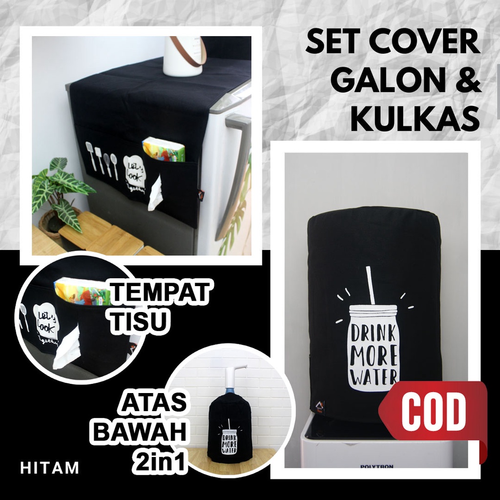 PAKET LEBIH MURAH - Cover Galon &amp; Cover Kulkas Warna Hitam (Paket Polos-02)