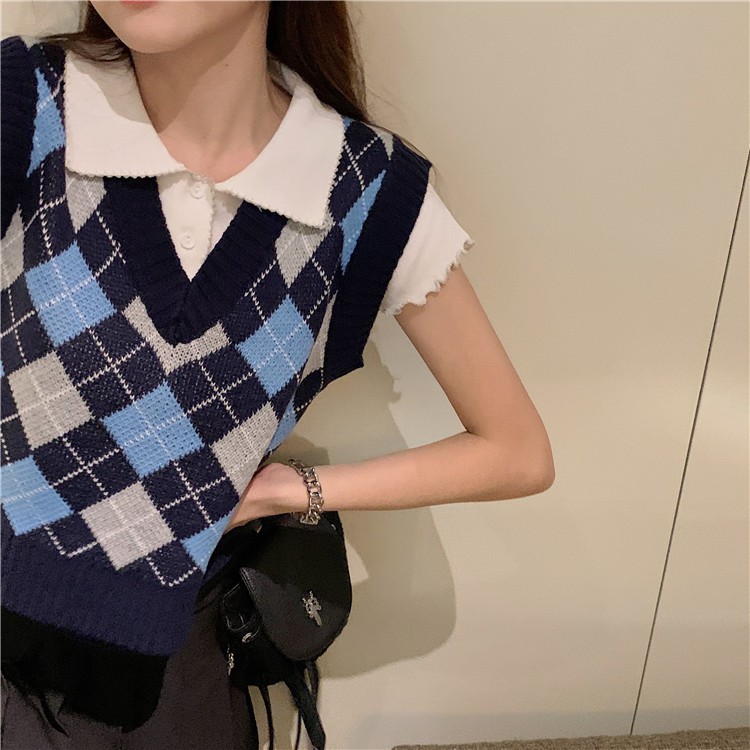 Vest Rajut Rompi Rajut Kotak Kotak Korea Gaya Retro Vest Knit Baju Crop