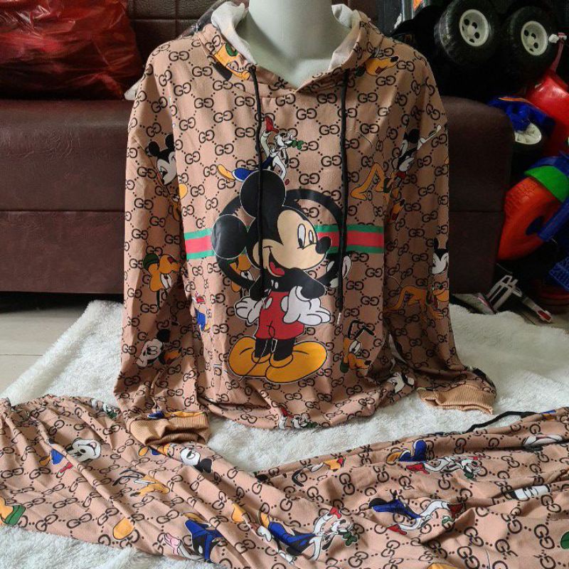 Setelan hoodie wanita mickey gucci bahan katun lembut