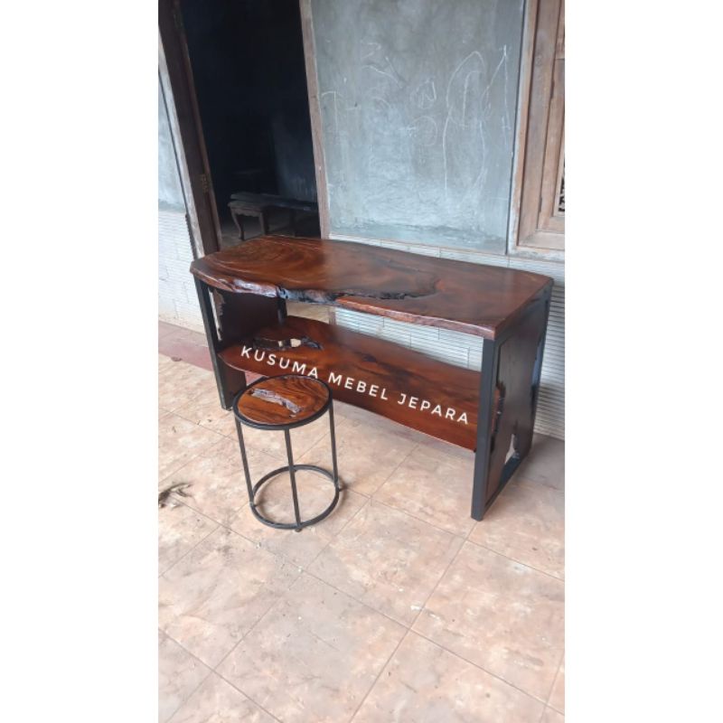 Set Meja Konsul Kursi Stool Kayu Erosi Rangka Besi