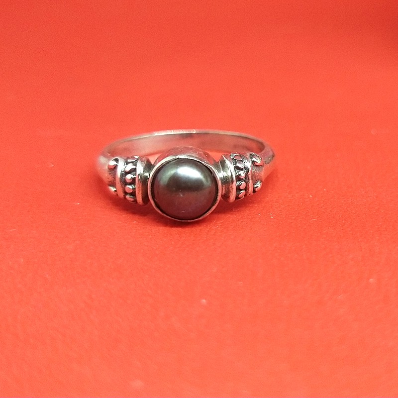 Cincin Ring Perak Silver Bali Ukir Polos Mutiara Pearl Hitam Asli 925 Jawan Etnik