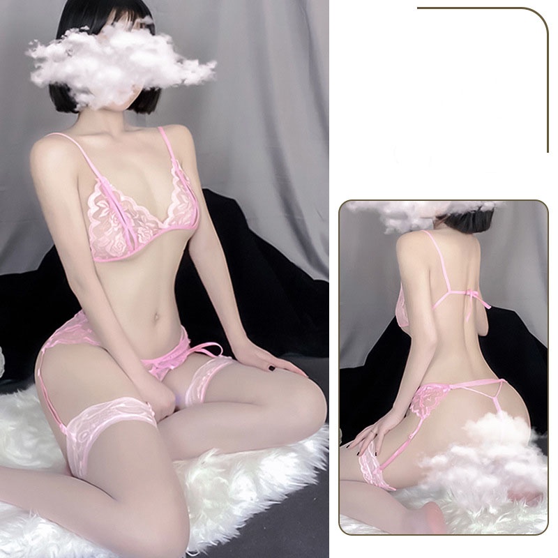 (Ready Stock) Lingerie Wanita Set 4 potong Lace Teddy Babydoll Bikini dengan Garter Belt 3T06