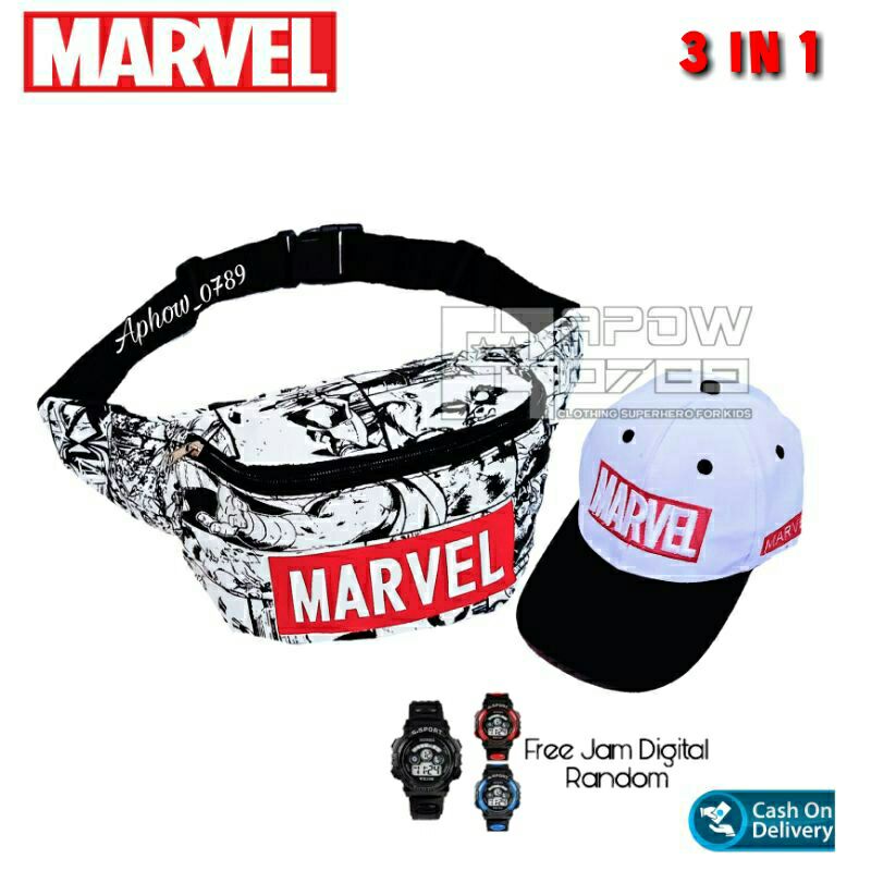 PAKET HEMAT 3IN1 TAS SELEMPANG ANAK TOPI ANAK KARAKTER MARVEL FREE JAM TANGAN DIGITAL WAISTBAG ANAK USIA 2-10 TAHUN TOPI BORDIR