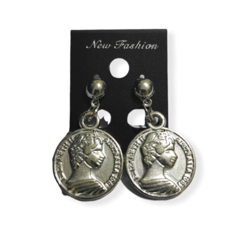 Anting Tusuk Elizabeth Coin Stud Earrings Liontin Koin