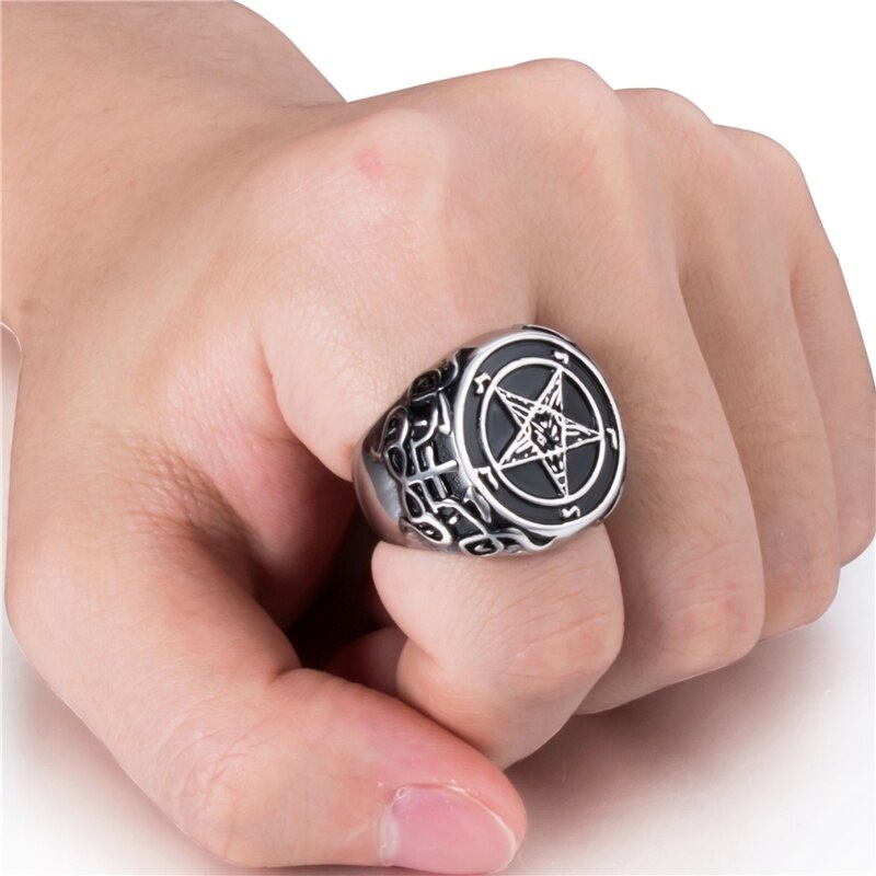 Cincin Pentagram Bahan Stainless Steel Ukuran 7-14 Untuk Pria