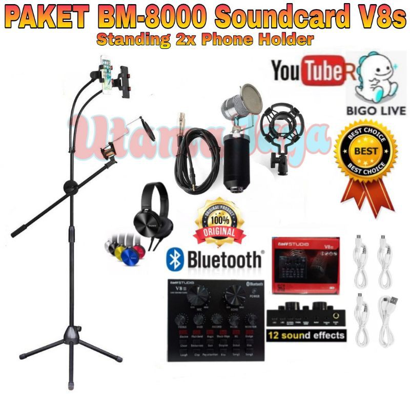 Paket Microphone BM8000 Soundcard V8 Bluetooth Stand Berdiri Standing Holder Tripod 2 x phone Holder