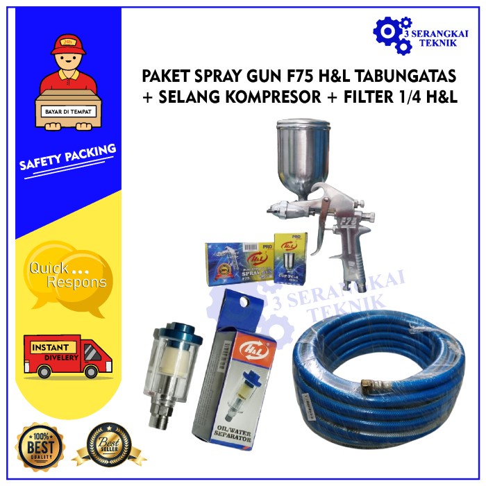 PAKET SPRAY GUN F75 H&amp;L TABUNGATAS + SELANG KOMPRESOR + FILTER 1/4 H&amp;L