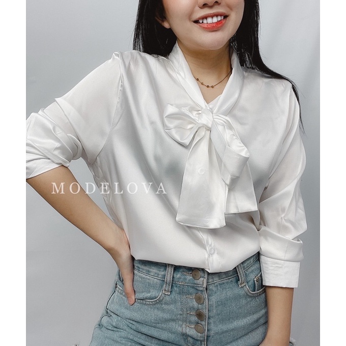 MDLV ~ 7132 Ridelian Tie Neck Shirt Blouse Satin Blouse Premium Blouse Import Blouse Korea Blouse Pita Blouse Casual Atasan Satin Lengan Panjang Fashion Wanita Fashion import