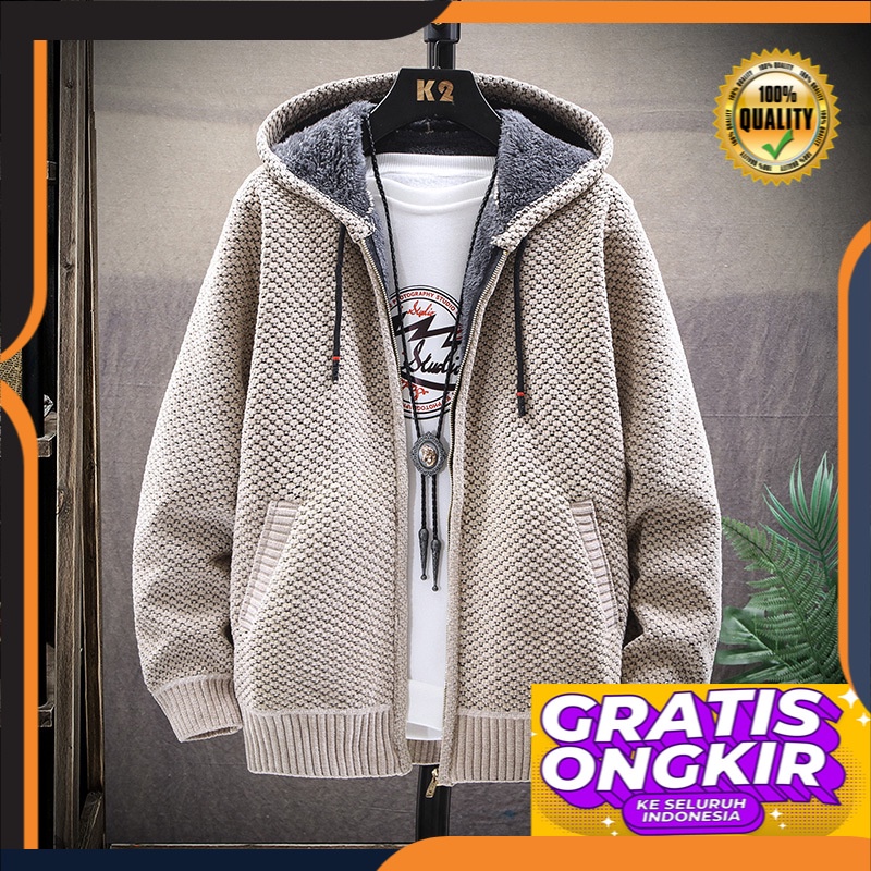 Murni Warna Mantel Pria Korea Fashion Style Bulu  Tebal Chenille Termal Merajut ritsleting Cardigan