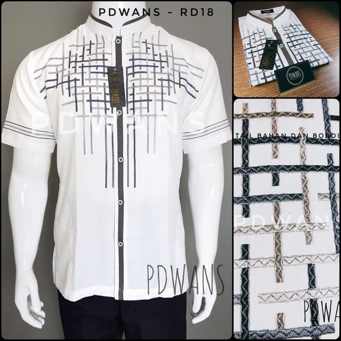 ➧ Baju Koko Dewasa Lengan Tangan Panjang Alharamain Terbaru C JD197  Pendek Putih Motif Bordir Pdw