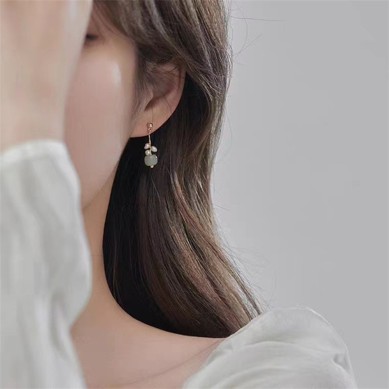 Anting Gantung Batu Giok Hetian Natural Untuk Wanita