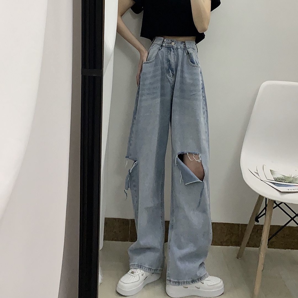 Korean New Women's Loose High Waist Wide Leg pengait celana jeans