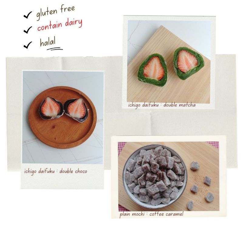 ICHIGO DAIFUKU (6-10 pcs). varian : original-matcha-choco-pinku-taro. mochi jepang isi buah stoberi