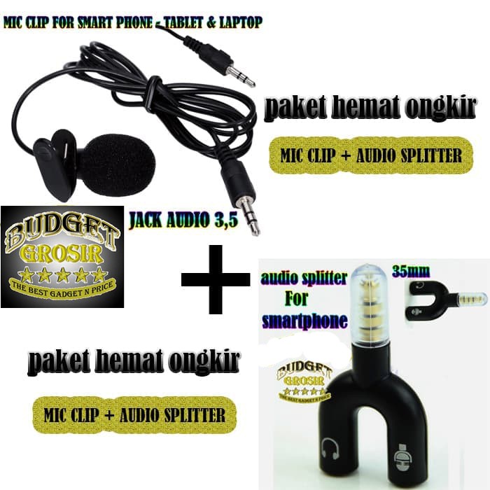 PAKET MIC CLIP plus AUDIO SPLITTER - Hitam