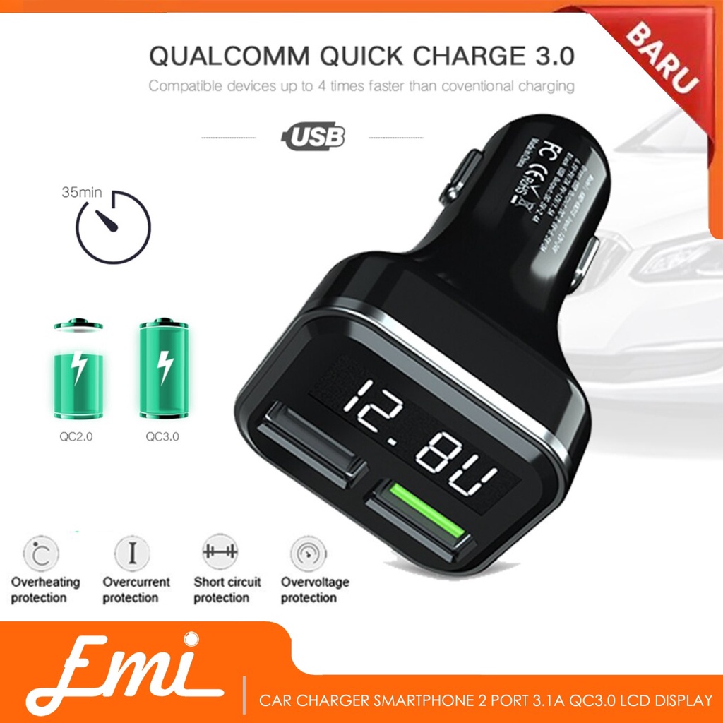 Car Charger Smartphone 2 Port 3.1A QC3.0 LCD Display