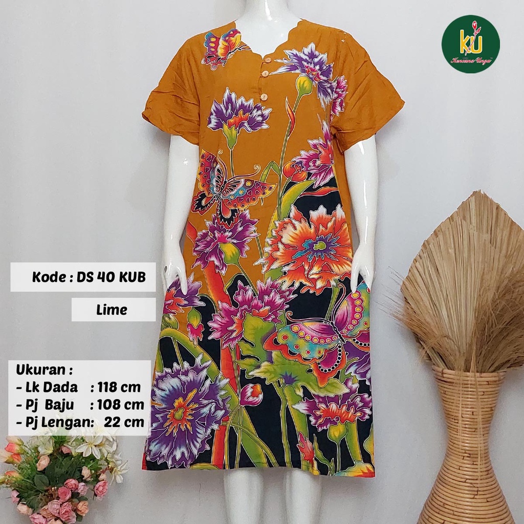 COD DS40 KUB | Daster Batik Kencana Ungu Asli Label Biru Ukuran Jumbo | Baju Santai Tidur Wanita Dewasa Kancing Depan Busui Friendly Motif Terbaru-Lime A