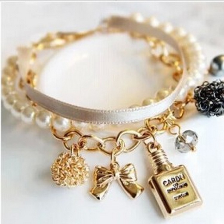  Gelang  3  Layer  Gold Pita Mutiara Kristal Putih Botol 