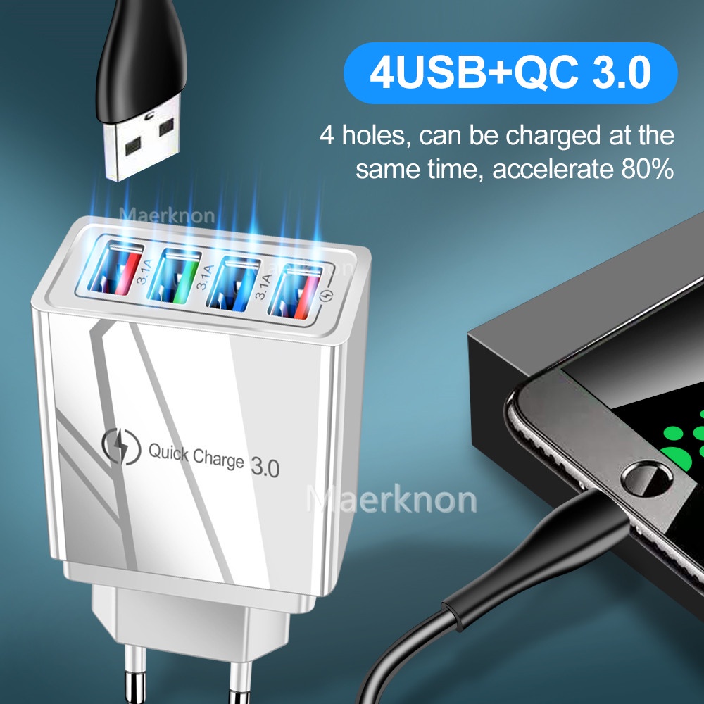 Adapter Charger Dinding 4 Port USB 3.0 Fast Charging Portable Untuk Handphone / Tablet