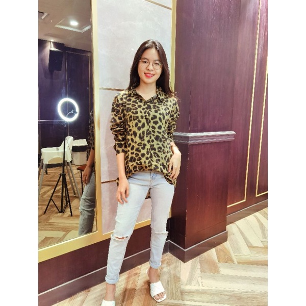 kmj jumbo 1408 oversize kemeja wanita leopard jumbo oversize