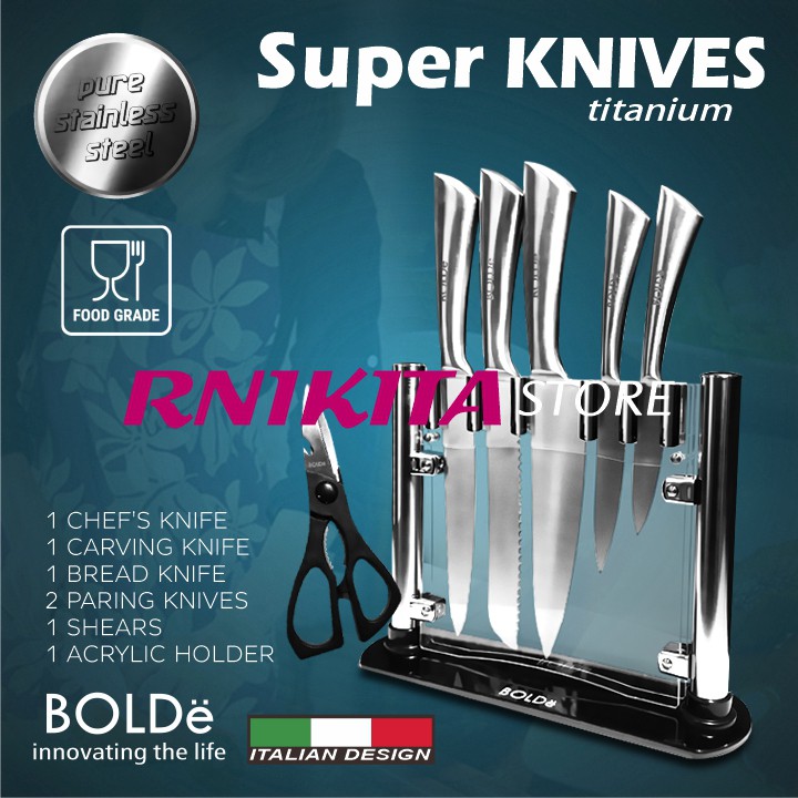 BOLDe TITANIUM SET - Super Knives 5 Pisau Dapur 1 Acrylic Holder 1 Gunting Dapur