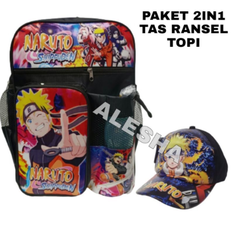 tas ransel anak sekolah laki laki karakter Naruto/gratis topi dan botol