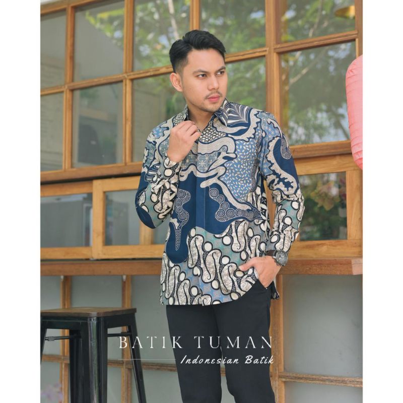 BARU..KEMEJA ATASAN PRIA LENGAN PANJANG KATUN LAPIS FURING PREMIUM MOTIF BATIK BIRU TUMAN