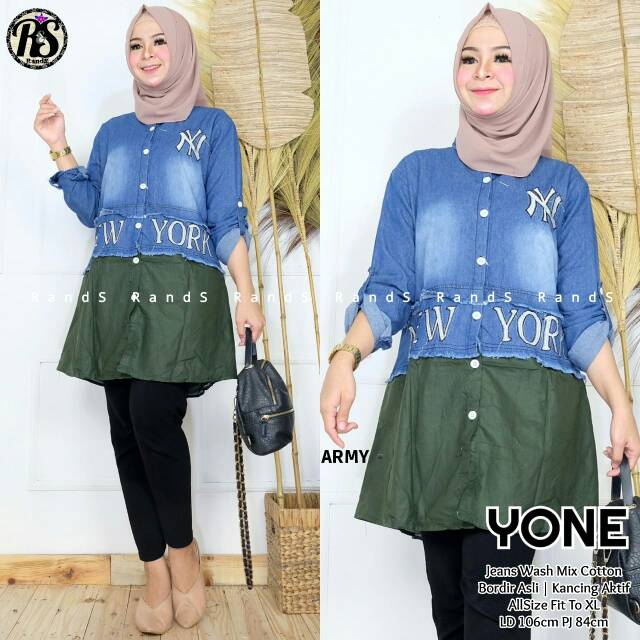 TUNIK JEANS BORDIR BUSUI // YONE BY RANDS // BAHAN JEANS WASH KOMBINASI KATUN