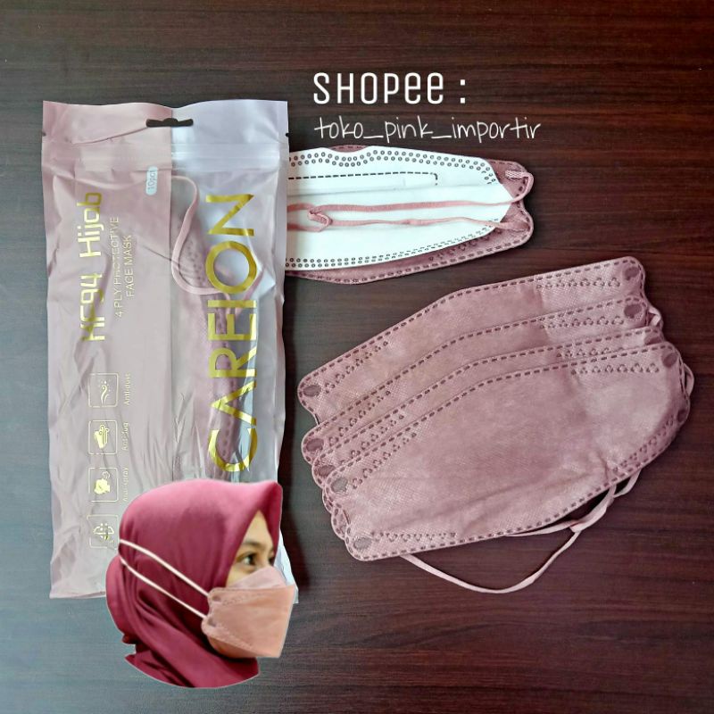MASKER KF94 HIJAB 4PLY HEADLOOP CAREION WARNA ORIGINAL ISI 10 HITAM ABU PUTIH SHRIMPINK MATCHA WARNA NUDE