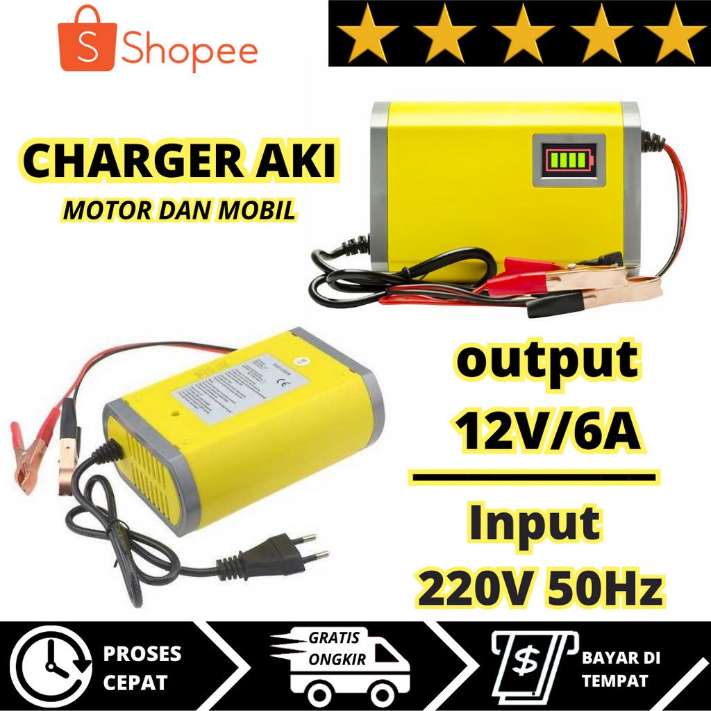 Charger Aki Portable 12V/6A Mobil Motor Accu Charger Portable Otomatis 12Volt 6Ampere Charger Aki Po