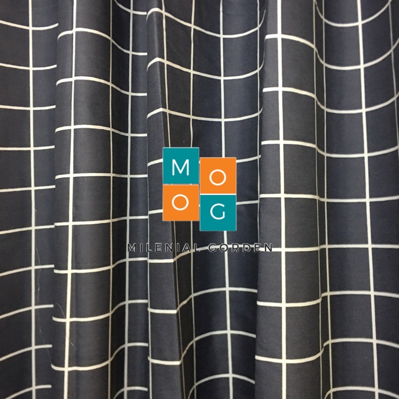 Gorden Minimalis Motif Kotak Abu Bahan Katun Ukuran 150cm-200cm untuk Jendela dan Pintu Free Tali Pengikat dan Hook Lumba