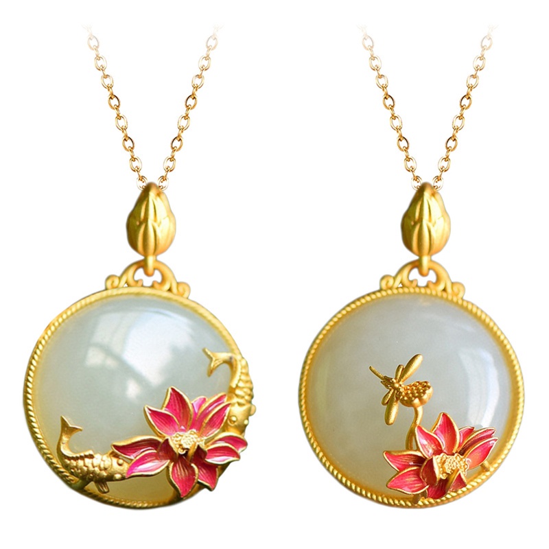 Chinese Style Enamel Color Lotus Flower Elegant Female Charm Hotan White Jade Stone Pendants Necklace Vintage Minorities Jewelry