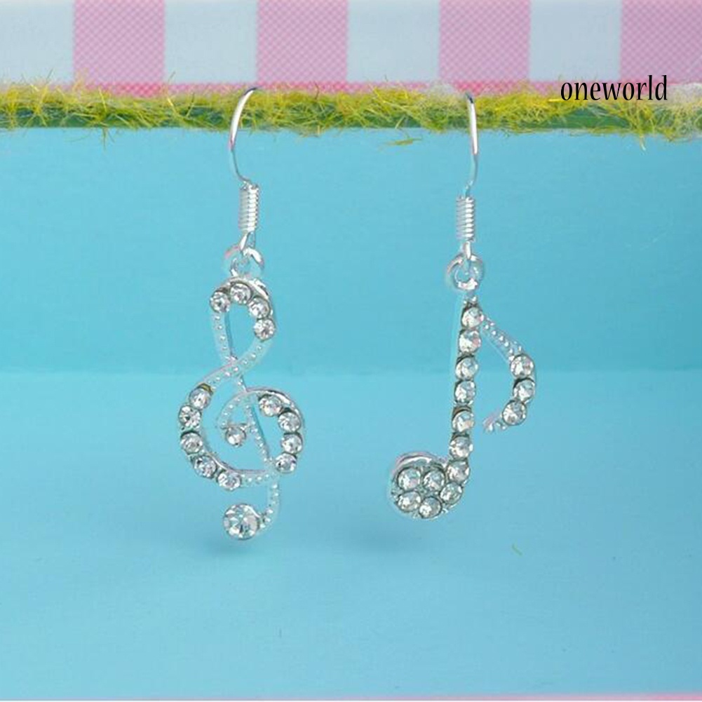 OW@ Fashion Women Rhinestone Inlaid Treble Music Note Charm Dangle Hook Earring